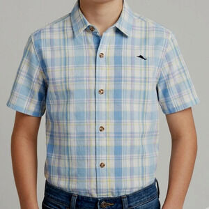 Tommy Bahama Shirt Boys Size L 10-12 Blue Yellow Plaid Marlin Logo Short Sleeve